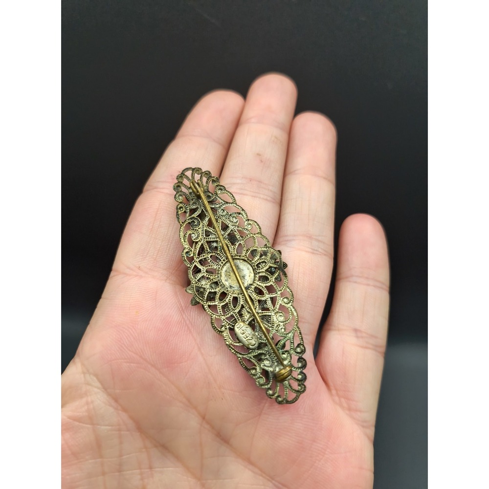 Vintage 1920-30s Czech Brass Filigree Brooch Pin Turquoise Glass Cabochons Art - Picture 4 of 9